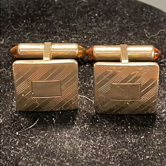 Vintage 60s Krementz square gold filled ribbed engravable bullet back cuff links - Picture 3 of 15